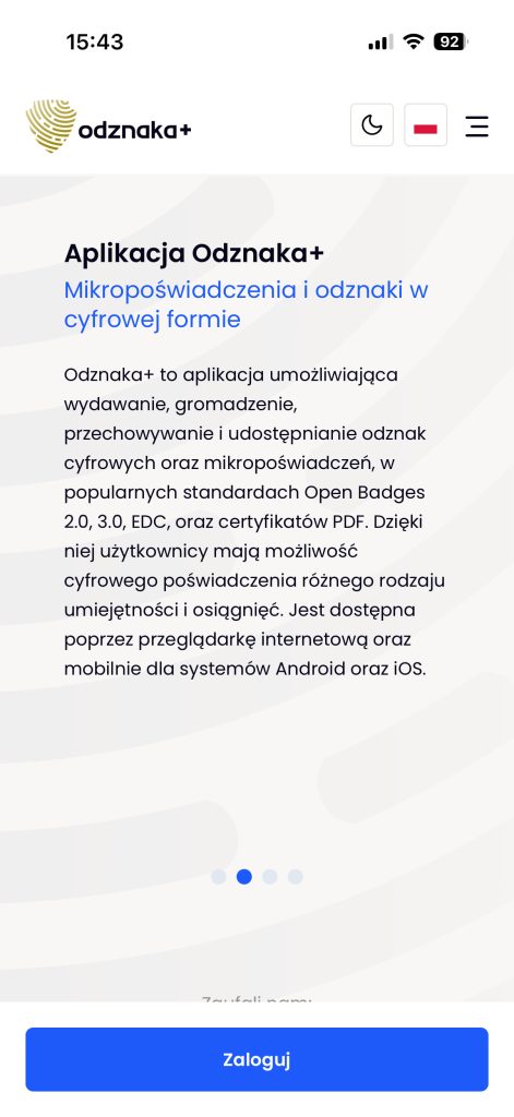Ekran powitalny aplikacji Odznaka+