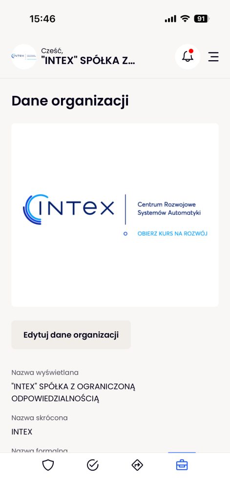 Dane organizacji INTEX jako wydawcy w aplikacji Odznaka+